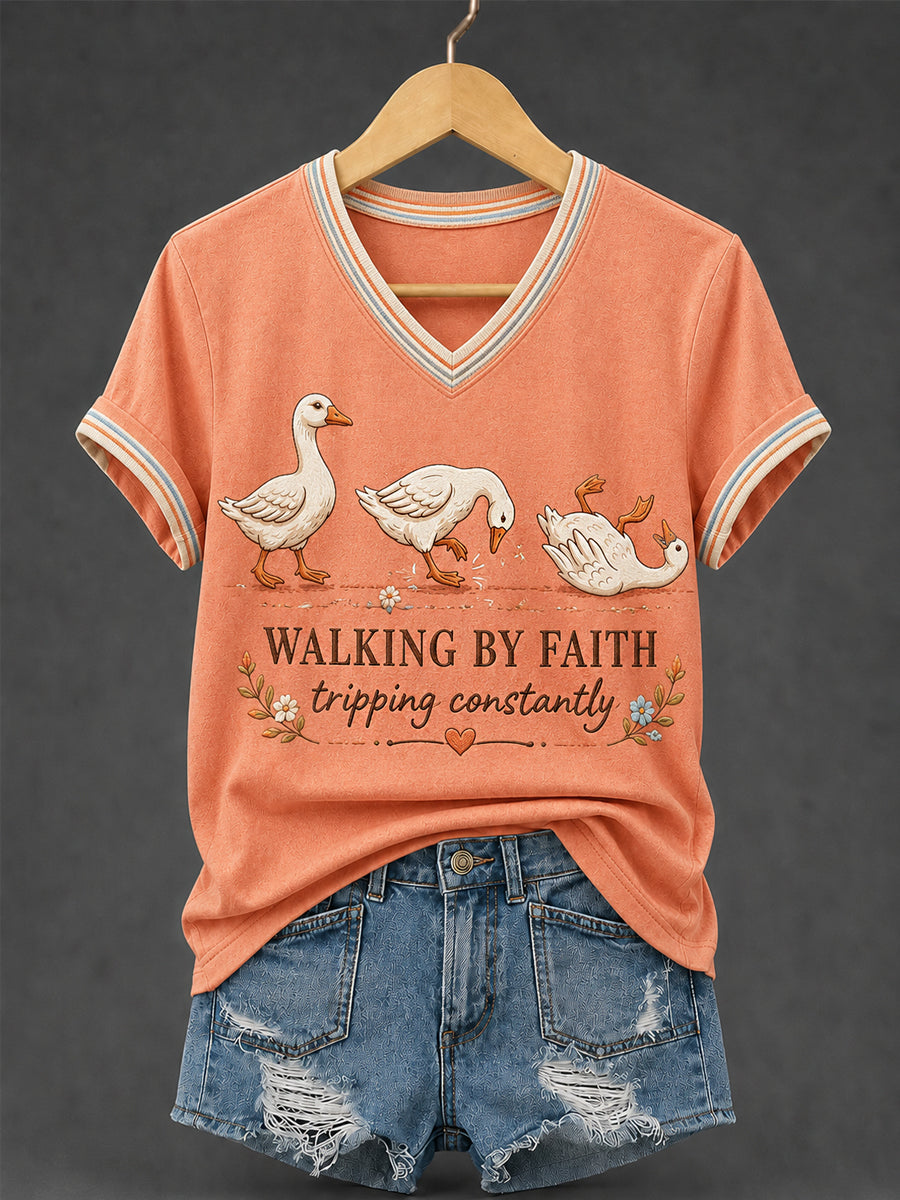 Walking By Faith Tripping Constantly V-Neck Shirt Christian Faith Clothes Christian Gifts