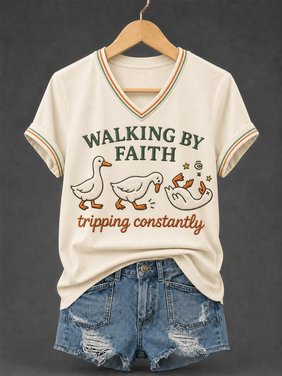 Walking By Faith Tripping Constantly V-Neck Shirt Humor Ducks Faith Merch Christian Gift For Her