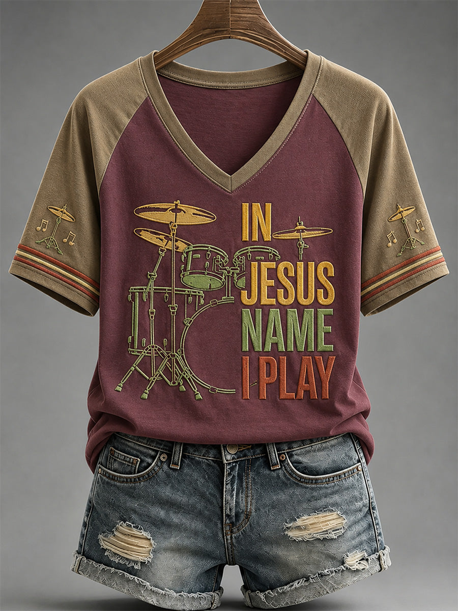 In Jesus Name I Play V-Neck Shirt Christian Music Apparel Gift For Pastor Clergy