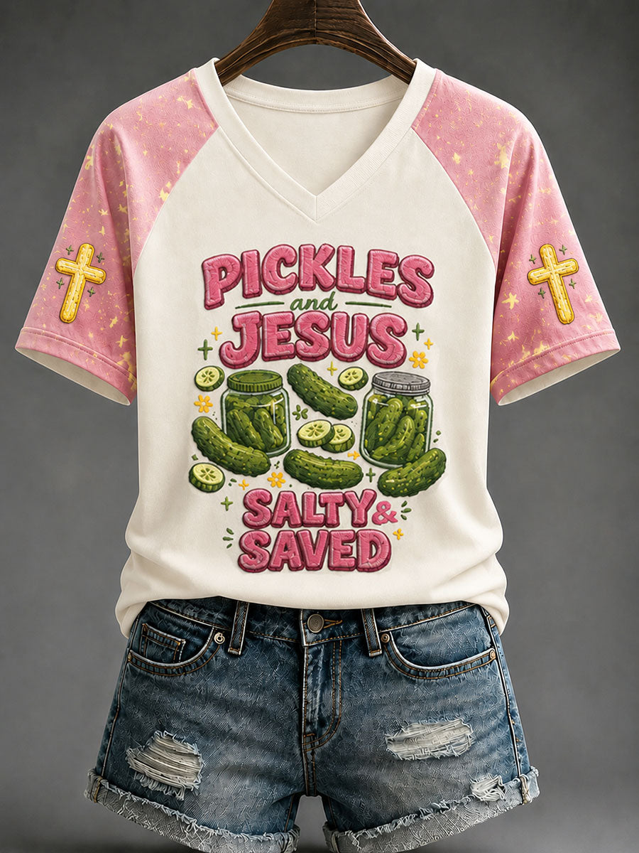 Pickles And Jesus Salty Saved V-Neck Shirt Christian Cross Jesus Clothing Fan Gift