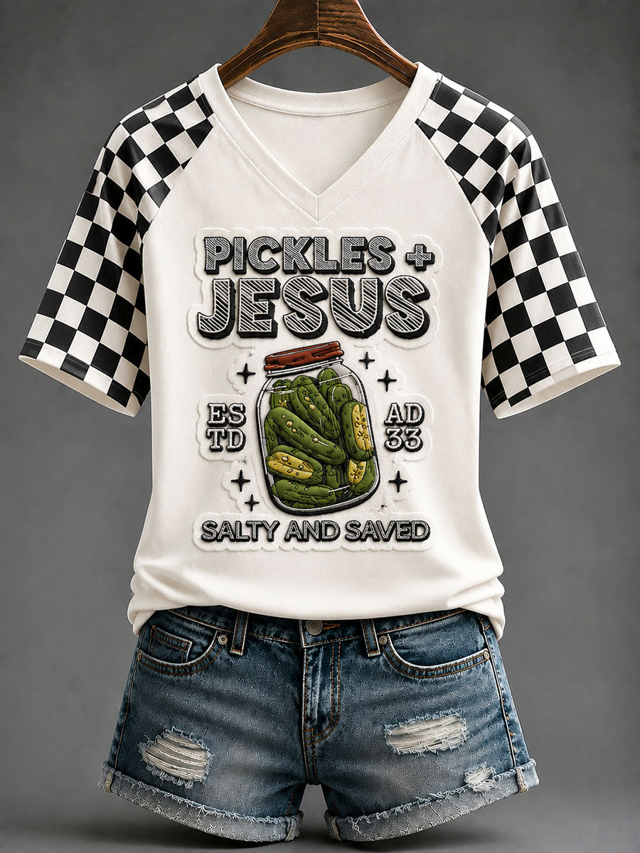 Pickles And Jesus Established 33 Salty And Saved V-Neck Shirt Faith Humor Clothing