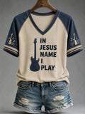 In Jesus Name I Play V-Neck Shirt Christian Guitar Merch Christian Athlete Gift