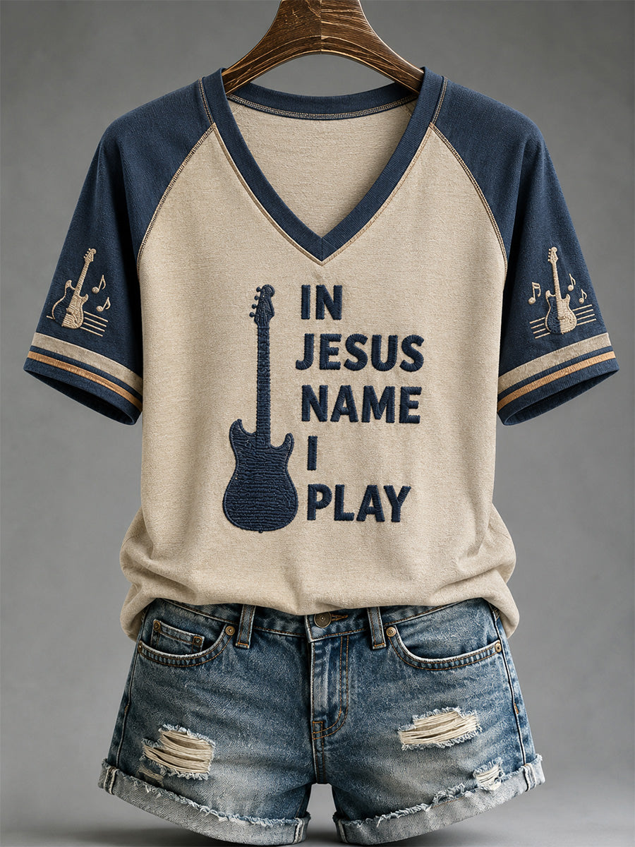 In Jesus Name I Play V-Neck Shirt Christian Guitar Merch Christian Athlete Gift