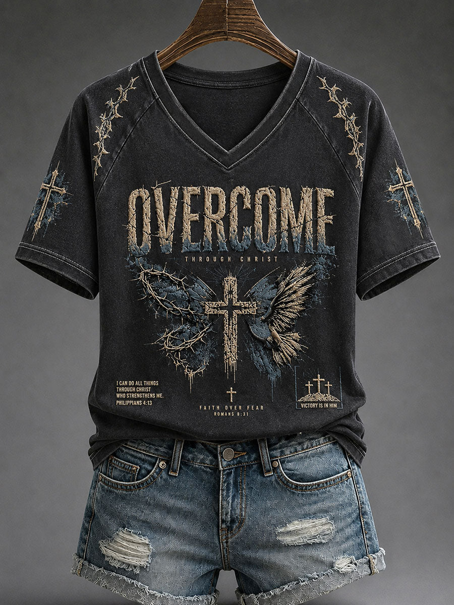 Overcome Through Christ V-Neck Shirt Philippians 4 13 Cross Merch Good Gifts