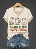 Walking By Faith Tripping Constantly V-Neck Shirt Christian Humor Merch Gift For New Believer