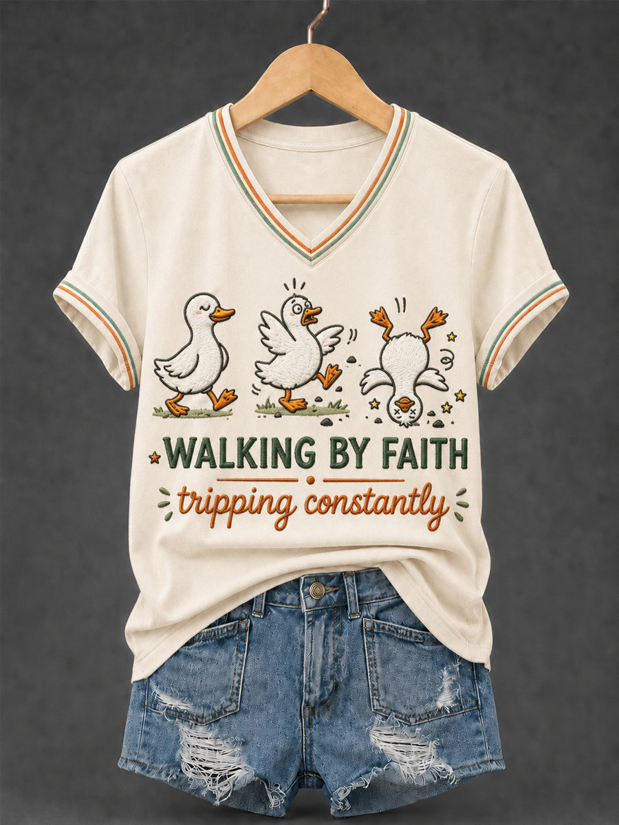 Walking By Faith Tripping Constantly V-Neck Shirt Christian Humor Merch Gift For New Believer