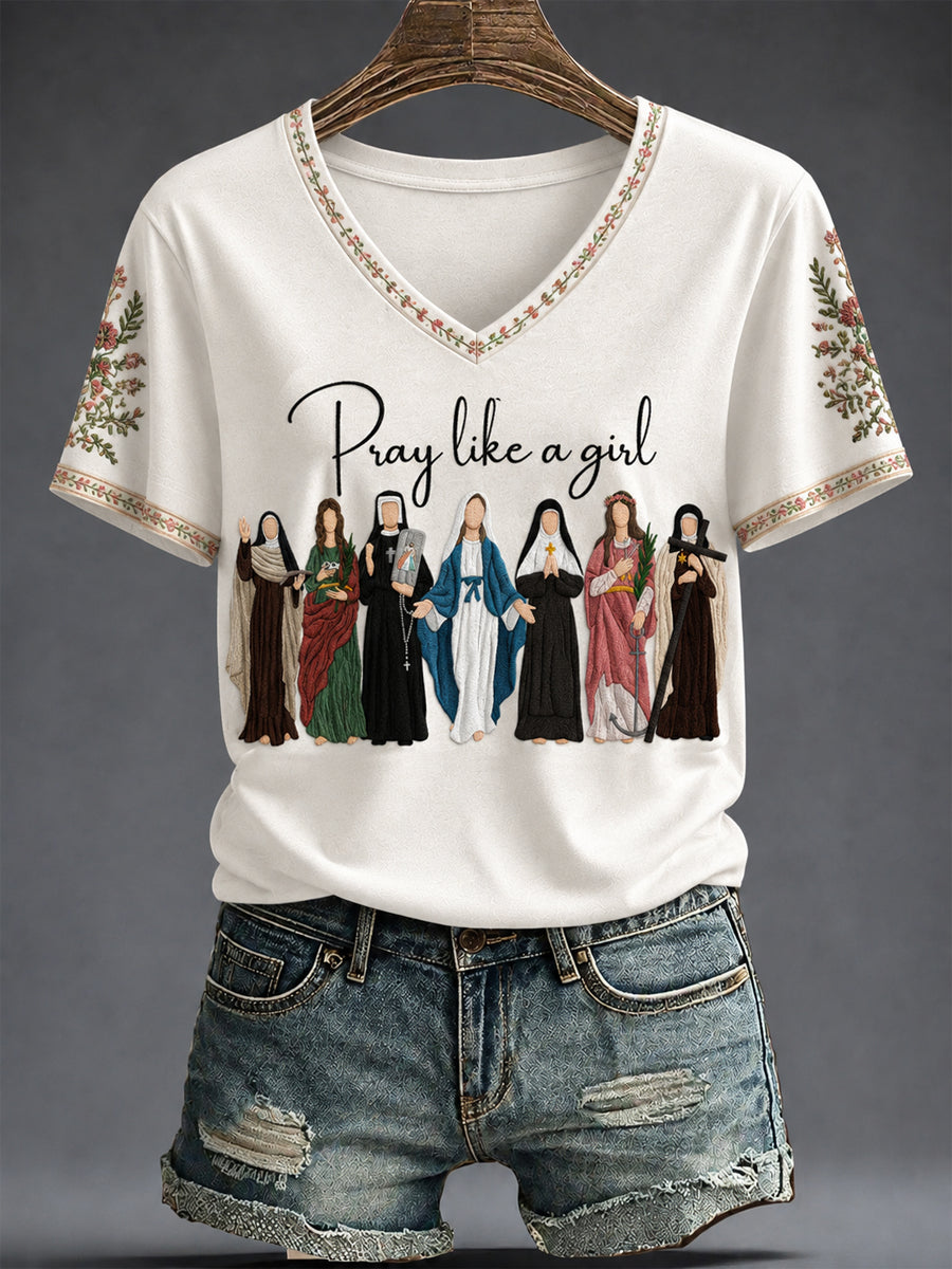 Pray Like A Girl V-Neck Shirt Christian Saints Apparel Pastor Appreciation Gift