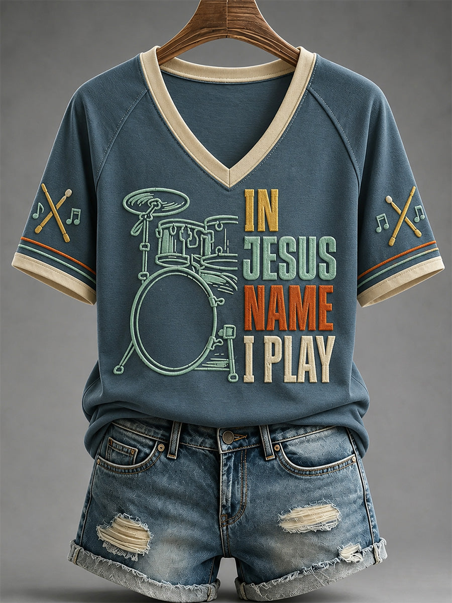 In Jesus Name I Play V-Neck Shirt Christian Drums Clothing Ministry Leader Gift