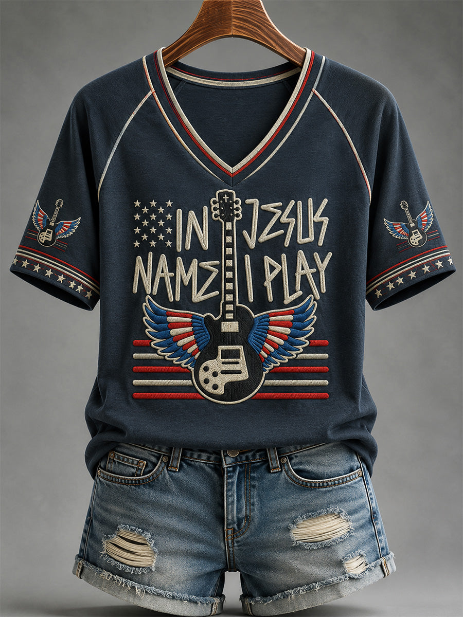 In Jesus Name I Play V-Neck Shirt Christian Guitar Apparel Church Leader Gift
