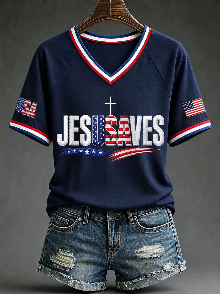 Jesus Saves V-Neck Shirt Christian Faith USA Clothing Religious Gifts For Men