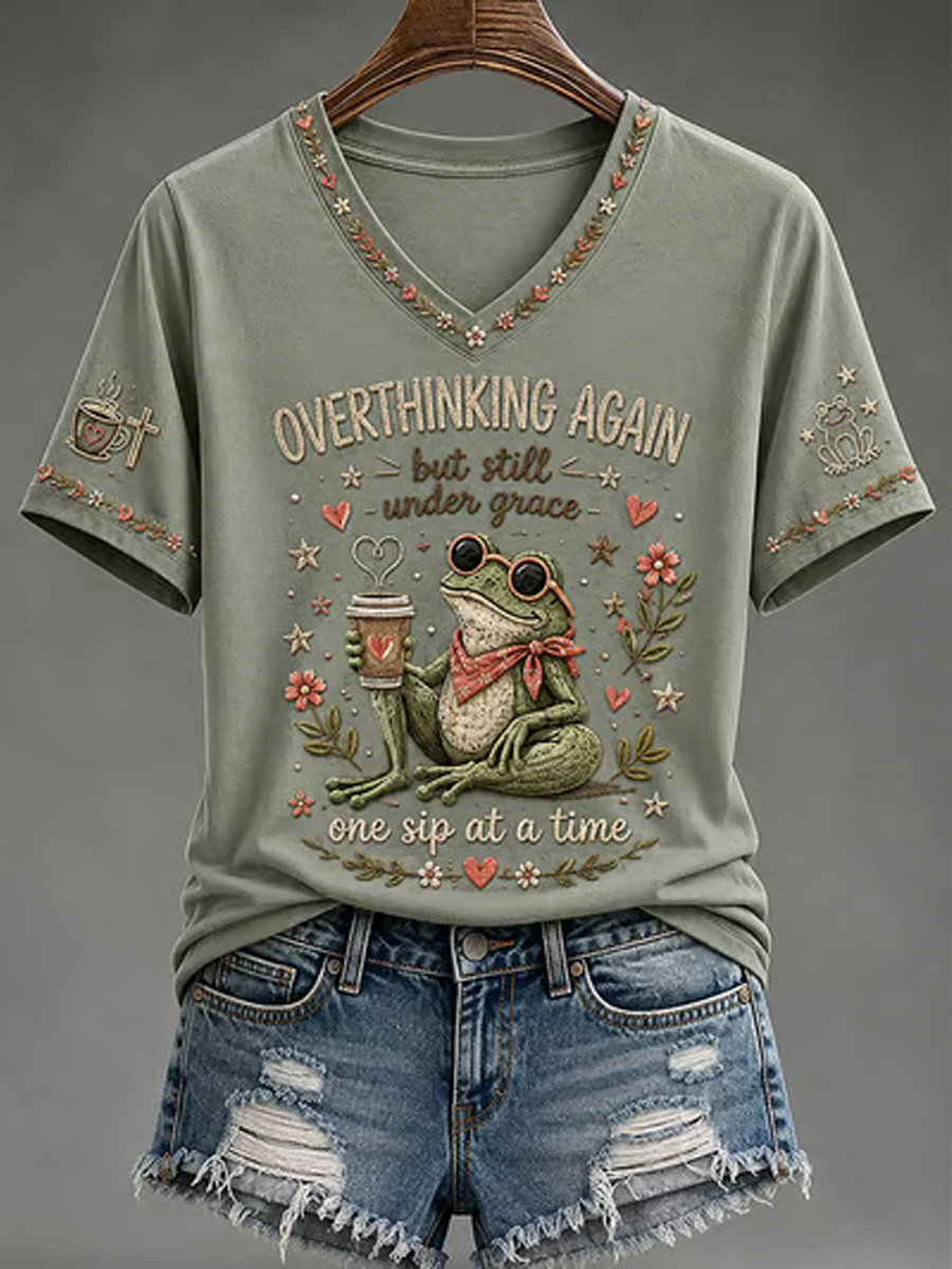 Overthinking Again But Still Under Grace One Sip At A Time V-Neck Shirt Christian Faith Merch