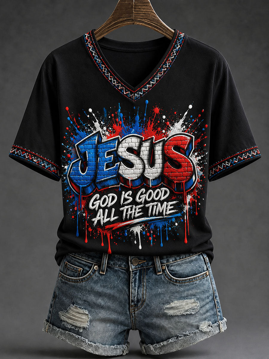 Jesus God Is Good All The Time V-Neck Shirt Christian Faith Merch Faith Gifts Coworker