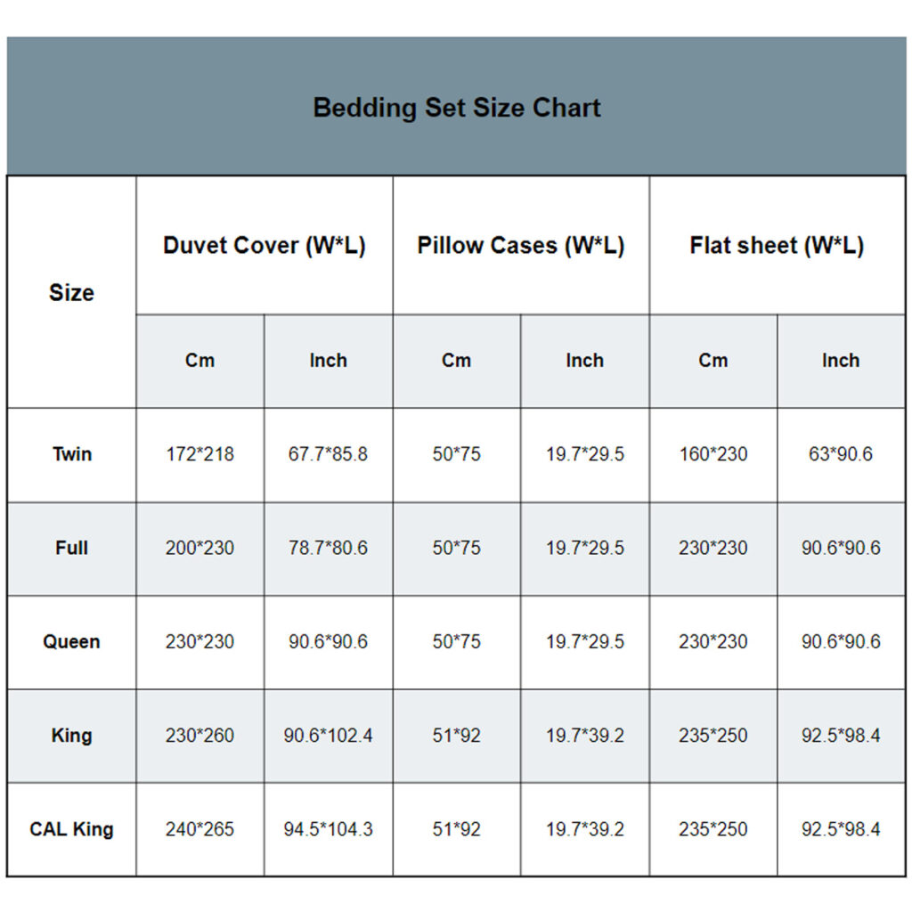 Bedding Set Size Chart