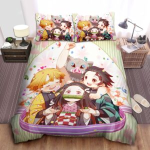 Demon Slayer Kawaii Painting Of Main Characters Bed Sheets Spread Duvet Cover Bedding Set.jpg