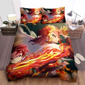 Demon Slayer Tanjiro Kamado Senjuro Rengoku Artwork Bed Sheets Spread Duvet Cover Bedding Set.jpg