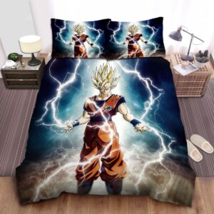 Dragon Ball Goku In Super Saiyan 2 Surrounded By Lightnings Bed Sheets Spread Duvet Cover Bedding Set.jpg