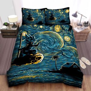 Dragon Ball Goku On Flying Nimbus To Kame House In Starry Night Art Style Bed Sheet Spread Duvet Cover Bedding Set.jpg
