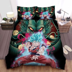 Dragon Ball Goku Super Saiyan Blue And The Divine Dragon Background Bed Sheets Spread Duvet Cover Bedding Set.jpg