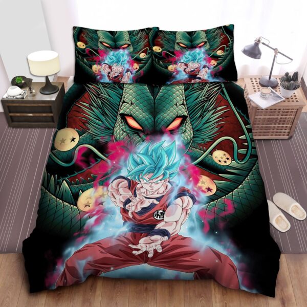Dragon Ball Goku Super Saiyan Blue And The Divine Dragon Background Bed Sheets Spread Duvet Cover Bedding Set.jpg