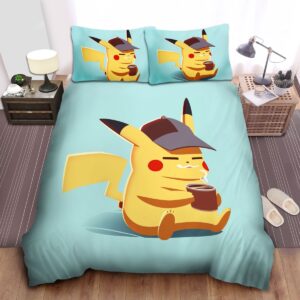 Pokemon Black Cap Pikachu Drinking Coffee Bed Sheets Spread Duvet Cover Bedding Set.jpg