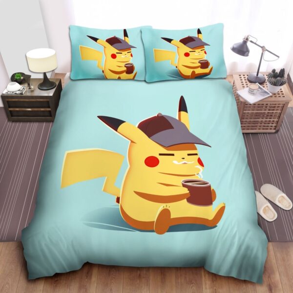 Pokemon Black Cap Pikachu Drinking Coffee Bed Sheets Spread Duvet Cover Bedding Set.jpg