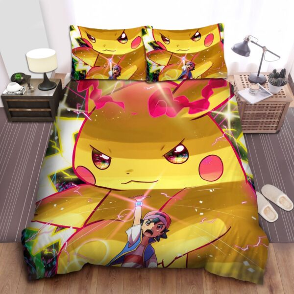 Pokemon Huge Pikachu Behind Ash Satoshi Bed Sheets Spread Duvet Cover Bedding Set.jpg