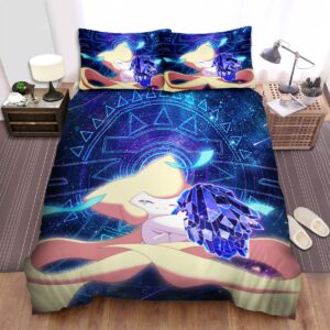 Pokemon Jirachi Hugging Cosmic Purple Gem Artwork Bed Sheets Spread Duvet Cover Bedding Set.jpg