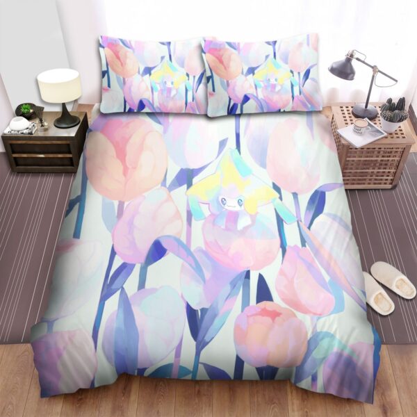 Pokemon Jirachi On Pastel Colors Flowers Artwork Bed Sheets Spread Duvet Cover Bedding Set.jpg