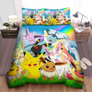 Pokemon Pikachu Having Fun With Eevee Evolution Team Bed Sheets Spread Duvet Cover Bedding Set.jpg