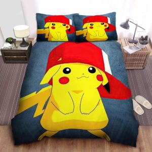 Pokemon Pikachu Wearing Ashs Cap Bed Sheets Spread Comforter Duvet Cover Bedding Set.jpg