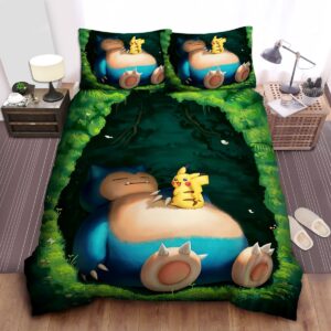 Pokemons Sleeping Snorlax Pikachu Illustration Bed Sheets Spread Duvet Cover Bedding Set.jpg